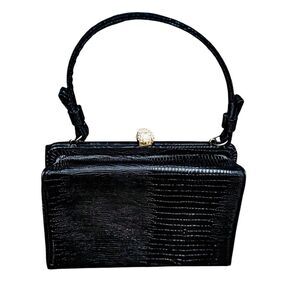 VTG AFTER FIVE Leather‎ Clutch Gold and Rhinestone Clam / Attached Coin P…